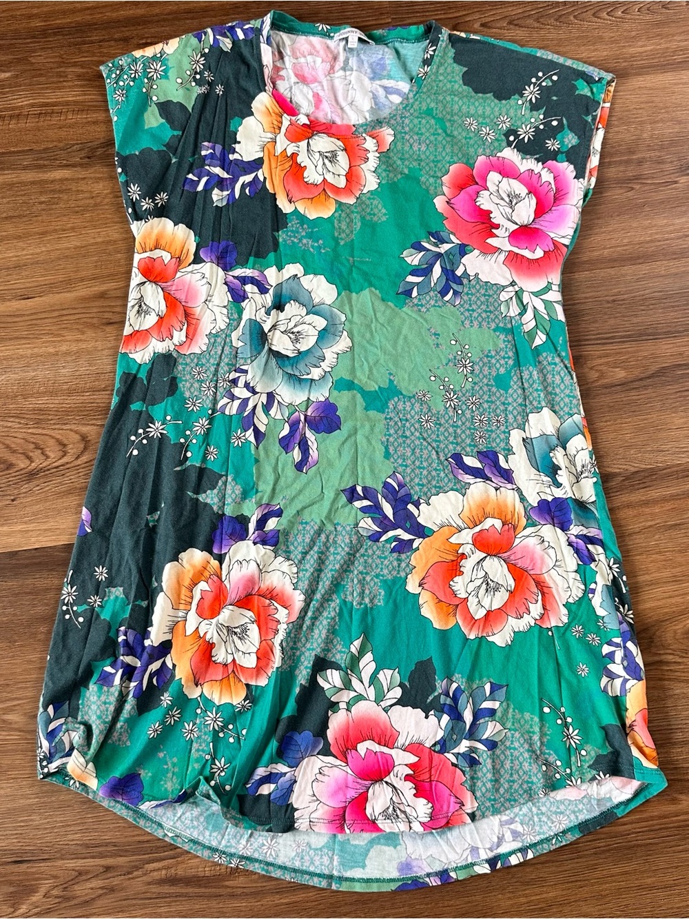 Johnny Was The Brigette Cap Sleeve Dress Large Green Floral T-Shirt Boho Casual